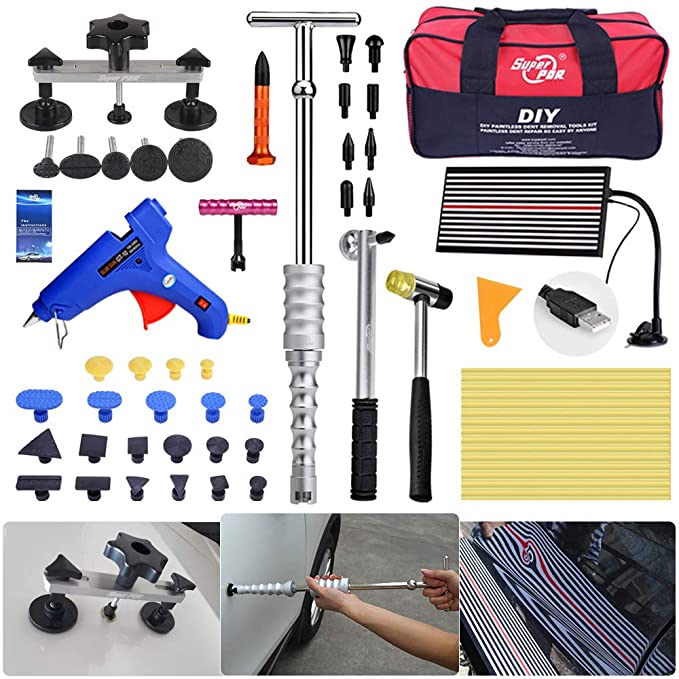 FLY5D? 65Pcs Auto Body Paintless Dent Removal Repair Tools Kits Silde Hammer Dent Lifter Glue Puller Sets with Tool Bag