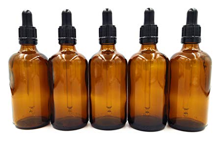FIVE 100ml Amber Glass Bottles with Dropper Pipettes