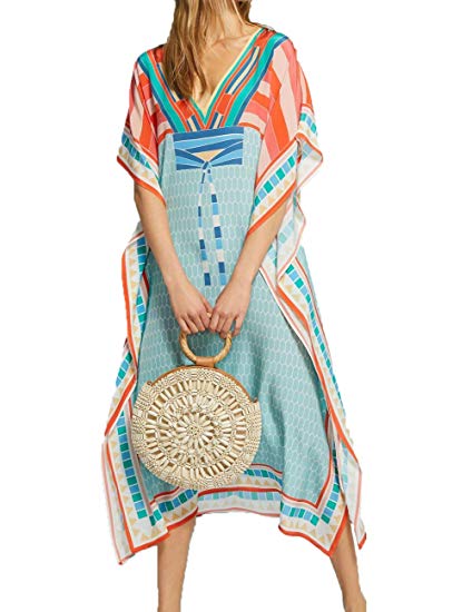 Bsubseach Women Bathing Suits Cover Up Ethnic Print Kaftan Beach Maxi Dress