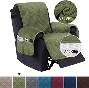 H.VERSAILTEX Recliner Sofa Slipcover Slip Resistant Quilted Velvet Plush Recliner Cover Furniture Protector Seat Width Up to 28" Couch Shield 2" Elastic Straps Recliner Slipcover Loden