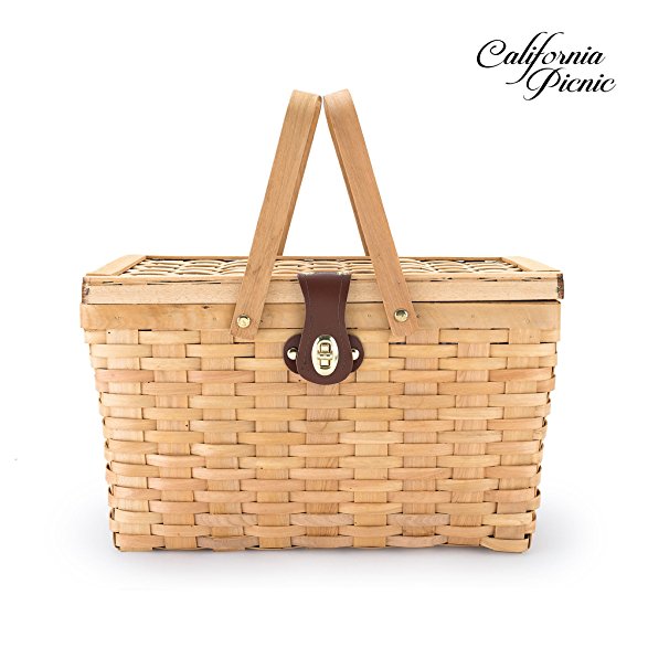 Picnic Basket | Wood Chip Design | Red and White Gingham Pattern Lining | Strong Wooden Folding Handles | Features a Leather Strap Metal Lock for Safety | Natural Eco Friendly Woven Woodchip Basket