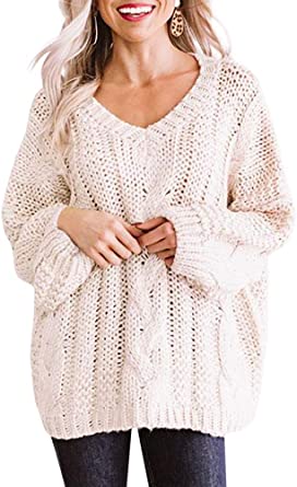 YONYWA Womens Oversized V-Neck Batwing Long Sleeve Loose Fit Chunky Knit Jumper Pullovers Sweaters