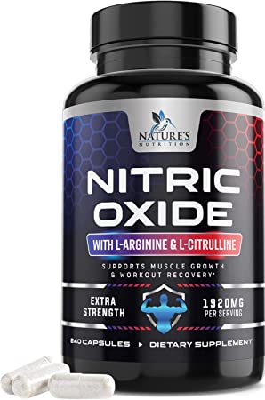 Nature's Nutrition Extra Strength Nitric Oxide Supplement L Arginine 3X - Citrulline Malate, AAKG, Beta Alanine Premium Pre Workout Booster for Muscle & Energy to Train Harder 240 Veggie Capsules