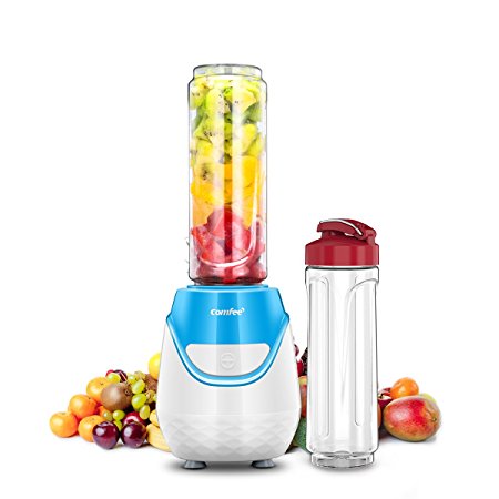 Comfee 250W Personal Blender with 2 x 20 Oz BPA Free Tritan Sport Bottle and 2 BPA Free Travel Lid. Mini Portable Smoothie maker for smoothies, Shakes, Baby Food, Healthy Drinks ( Blue & Red)