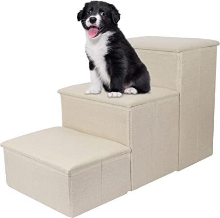 yofit Dog Stairs with Storage, Foldable Pet Steps for High Beds, 3-Step Pet Stairs Ramp Puppy Toy Storage Box for Dogs Cats Small Pets (Beige)