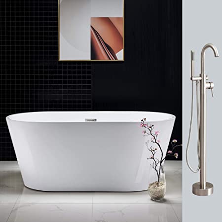 Woodbridge 59" Acrylic Freestanding Bathtub Contemporary Soaking Tub with Brushed Nickel Overflow and Drain BTA1514-B,with Chrome Faucet F0002, B-0014 F-0001