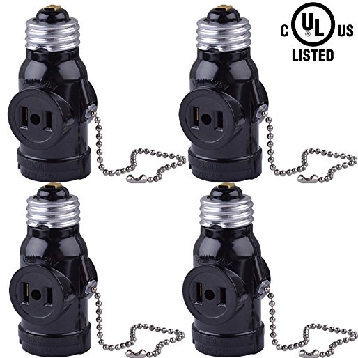 SerBion 4Pack Black E26 the US Standard Screw Light Holder,E26 to E26 Lamp Holder with 2-Prong Cord Outlet Socket Adapter, Pull Chain Switch,Convenient and Practical (4 Pack)