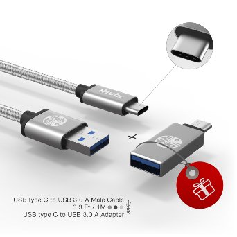 iHubr, SPECIAL SET - 2in1: USB C Cable to USB 3.0   USB Type C to USB 3.0 Adapter. Braided Cable, Metal Housing, 3.3 Ft (1M), for New Macbook, Nokia N1, Nexus 6P/5X and Other Type-C Supported Devices