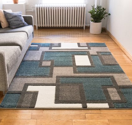 Uptown Squares Blue & Grey Modern Geometric Comfy Casual Hand Carved Area Rug 5x7 ( 5'3" x 7'3" ) Easy to Clean Stain Fade Resistant Abstract Boxes Contemporary Thick Soft Plush Living Dining Room