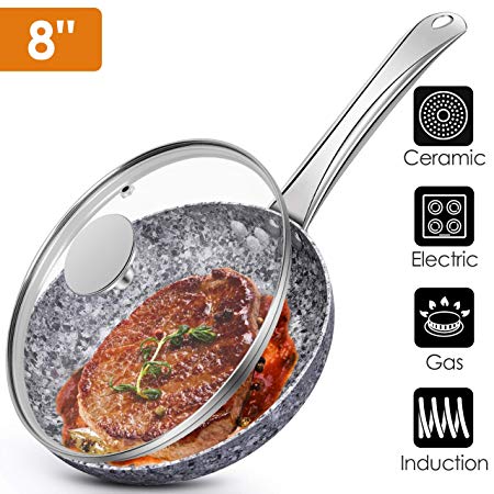 Nonstick Frying Pan 8 Inch with Lid - Stone Earth Frying Pan, Professional Nonstick Fry Pans with 100% APEO & PFOA-Free Stone-Derived Non-Stick Coating Skillets, Stainless Steel Handle Cooking Pan