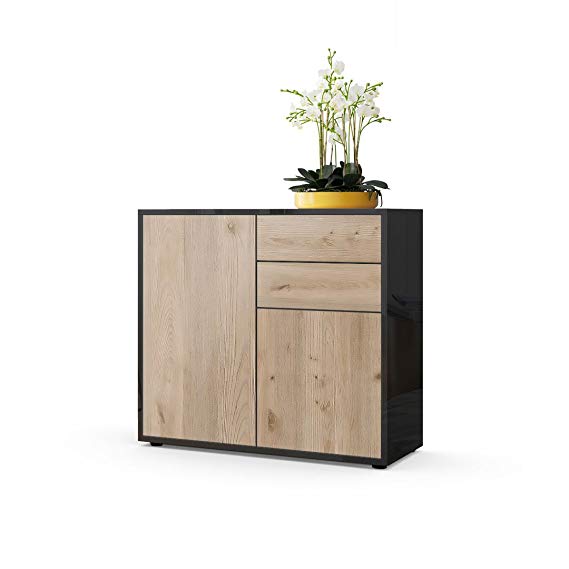 Vladon Cabinet Chest of Drawers Ben, Carcass in Black High Gloss/Front in Oak Nordic