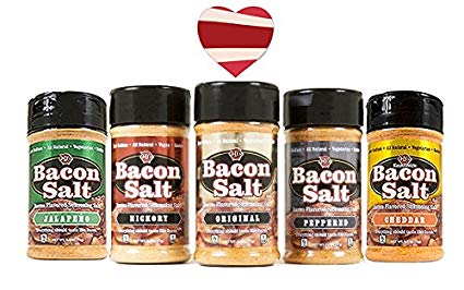 Bacon Salt Sampler Gift Set (5 Pack   Sticker) - Original, Hickory, Cheddar, Peppered & Jalapeno Bacon Flavored Salts Variety   Bacon Heart Sticker