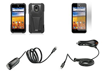 ZTE Unico LTE Z930L - Black Dual Layer Shockproof Armor Kickstand Case Cover   Atom LED Keychain Light   Screen Protector   Wall Charger   Car Charger