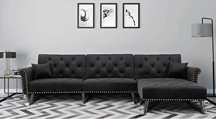 Danxee Sofa Bed Set Sectional Sofa L Shape Sectional Couch Sleeper Couch Bed Modern Style Velvet Sleeper Futon Sofa with Extra Wide Chaise Lounge (Black)