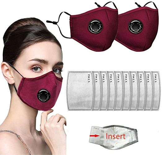 2pcs Face Másk Bandanas with Breathing valve  10pcs Activated Carbon Filter Replaceable Anti Haze Dust Face Health for Adults (Red)