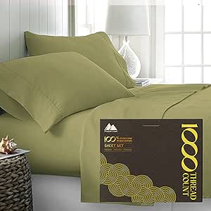 MAYFAIR LINEN 100% Egyptian Cotton Sheets Set King - 1000 High Thread Count, Luxury 5-Star Hotel 4 PC Sateen Bed Sheets King Size, Soft, Breathable Extra Long Staple 16" Deep Pocket Sheet - Sage Green