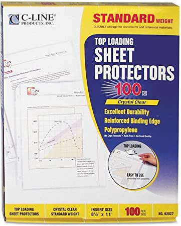 C-Line 62027 Standard Weight Polypropylene Sheet Protector, Clear, 2-Inch, 11 x 8 1/2, 100/BX