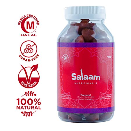 Salaam Nutritionals Halal Prenatal Gummy Multivitamins, Organic Base, Sugar Free, 800 mcg Folic Acid with DHA, 120 Count