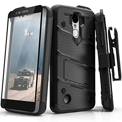 Zizo Bolt Series compatilbe with LG Aristo Case Military Grade Drop Tested with Tempered Glass Screen Protector Holster LG Fortune Black