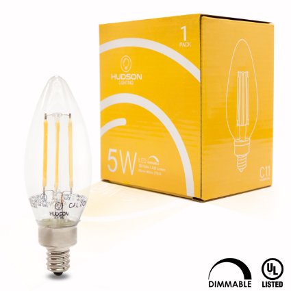 Hudson Lighting - Dimmable LED Candelabra Bulb - Filament - 1 Pack - UL Listed - 5 Watt - 450 Lumen - E12 Base - C11 - 2700K - Warm White - Indoor or Outdoor - Perfect Incandescent Replacement