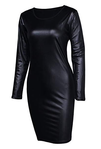 Sarin Mathews Women Faux Leather Bodycon Pencil Party Midi Clubwear Dress