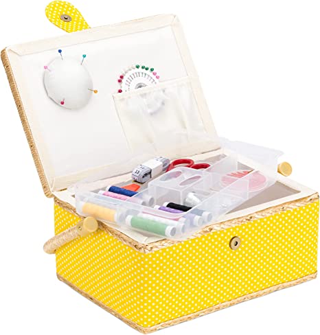 Navaris Sewing Box with Accessories - Sew Basket with Organiser Tray Compartments 24.5 x 17.5 x 12.5 cm - Includes 76 Piece Kit - Dotted Print, Yellow