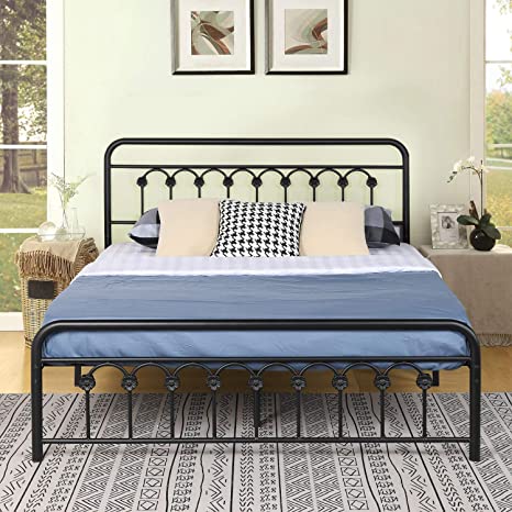 VECELO Vintage Queen Size Bed Frame Platform with Headboard and Footboard/No Box Spring Needed,Premium Steel Solid Sturdy Metal Slat Support,Black