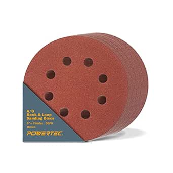 POWERTEC 50PK, 5 Inch 8 Hole Hook and Loop Sanding Discs, 180 Grit, Sandpaper for Random Orbital Sanders, 45018-P2