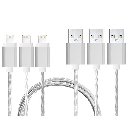 Charm sonic 3Pack(3Meters,1.5Meters,1Meters), USB Charger Cable, Lightning Cable for Power Cord Connector with Nylon Braided (silver)