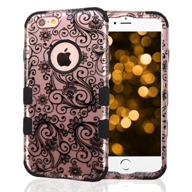 iPhone 6 Plus Case, iPhone 6S Plus Case, JoJoGoldStar Dual Layer Hybrid, Slim Fit Heavy Duty Plastic and Silicone TPU Hard Cover with Stylus and Screen Protector - Rose Gold Lace Swirls