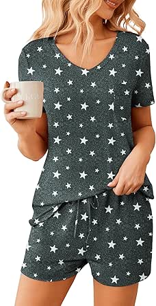 Ekouaer Women Pajama Sets 2 Piece Lounge Sets Short Sleeve Casual V Neck Summer Sleepwear PJS