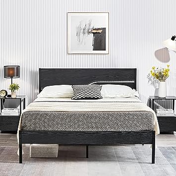 VECELO Full Size Platform Bed Frame with Black Wood Headboard, Strong Metal Slats Support Mattress Foundation, No Box Spring Needed