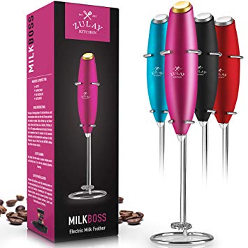 Milk Boss High Powered Milk Frother Handheld Foam Maker for Lattes - Great Electric Whisk Drink Mixer for Bulletproof® Coffee, Mini Blender and Foamer Perfect for Cappuccino, Frappe, Matcha, Hot Chocolate by Milk Boss - Pink with Gold Button