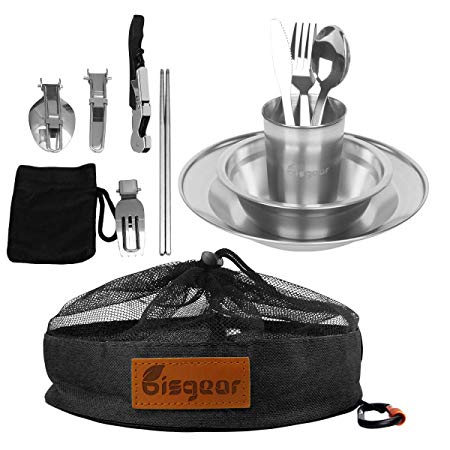 Bisgear 13-34pcs Stainless Steel Tableware Mess Kit Includes Plate Bowl Cup Spoon Fork Knife Chopsticks Carabiner Wine Opener Dishcloth & Mesh Travel Bag for Backpacking & Camping