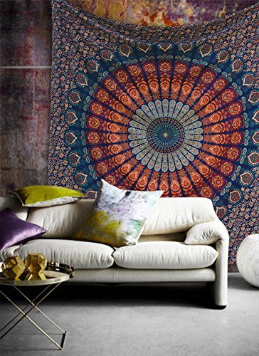 Popular Handicrafts Hippie Mandala Bohemian Psychedelic Intricate Floral Design Indian Bedspread Magical Thinking Tapestry 84x90 Inches215x230cms Blue