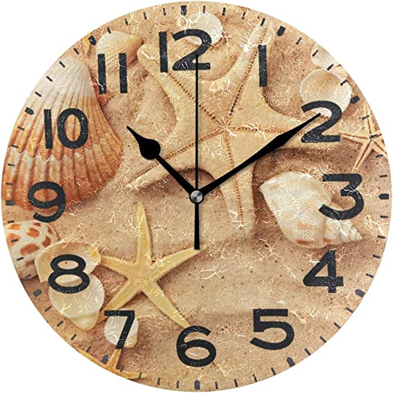 Naanle 3D Beautiful Summer Beach Starfish Sea Shell in Sand Round Wall Clock, 9.5 Inch Battery Operated Quartz Analog Quiet Desk Clock for Home,Office,School(Gold)