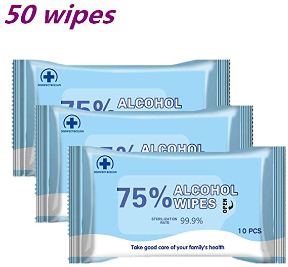 75% Alcohol Detergent Wipes, Disposable Wipes Portable Wet Tissue Mobile Phone Skin Toys Cleaning Travel (5 Packs,50 Wipes)