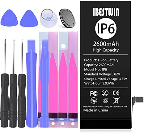 IBESTWIN 2600mAh Upgraded Replacement Battery for iPhone 6 with Removal Tool Kits and Instruction, High Capacity Battery 0 Cycle