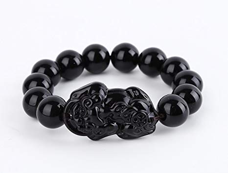 Obsidian Feng Shui Wealth Porsperity Bracelet 12mm Bead with Pi Xiu / Pi Yao, Attract Wealth and Good Luck, Deluxe Gift Box Included