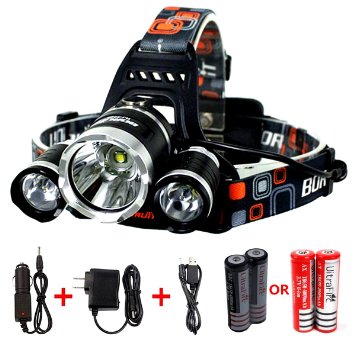 Benran Waterproof LED Headlamp Headlight Rechargeable Head Flashlight Lamp with 3 Xm-l T6 4 Modes Outdoor Sports Hiking Camping Riding Fishing Hunting (Super bright)