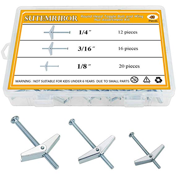 Sutemribor 1/8 Inch, 3/16 Inch, 1/4 Inch Toggle Bolt and Wing Nut for Hanging Heavy Items on Drywall, 48 PCS
