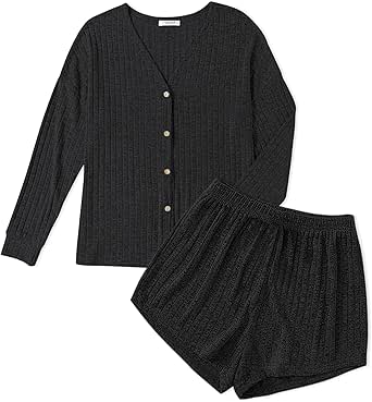 Ekouaer Ribbed Knit Pajamas Sets for Women Button-Down Loungewear Casual Shirt and Shorts 2 Piece Long Sleeve Soft Lounge Set