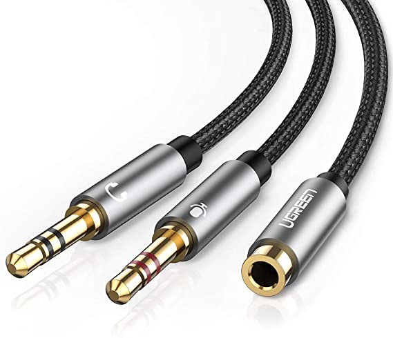 UGREEN Audio Y Adapter Klinke Auido Kabel 3.5mm Buchse auf Klinkenstecker (Headset & Mikrofon) Audio Splitter Kabel Aluminium CTIA Standard für Kopfhörer, Computer usw.