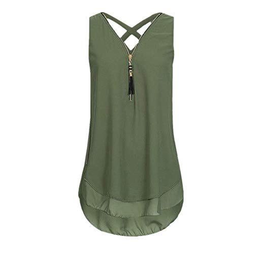 iYBUIA Women Loose Sleeveless Solid Tank Top Cross Back Hem Layed Zipper V-Neck T Shirts Tops