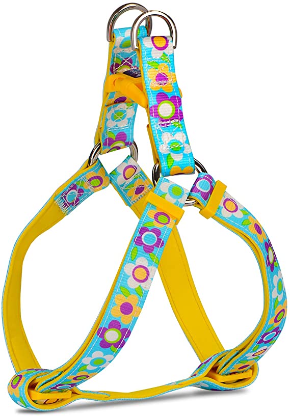 PETLOFT Dog Harness, Soft Texture Adjustable Dog Harness in Floral Print with Dual Stainless-Steel Rings for Easy Leash Clip