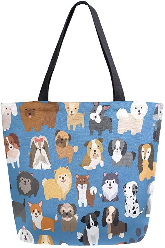 Naanle Animal Dogs Canvas Tote Bag Large Women Casual Shoulder Bag Handbag, Cute Dogs Reusable Multipurpose Heavy Duty Shopping Grocery Cotton Bag for Outdoors.
