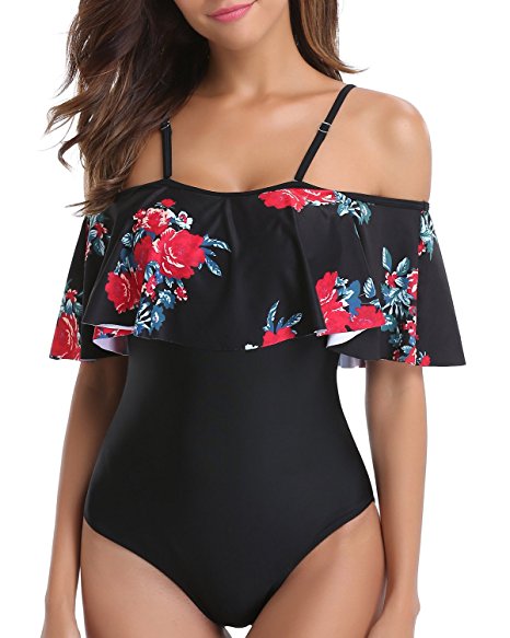 Holipick Women 1 Piece Vintage Floral Printed Off Shoulder Flounce Ruffled Padded Monokini Bathing Suits