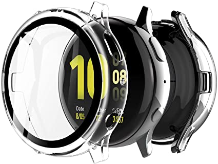 LK [2 Pack] Case Compatible with Samsung Galaxy Watch Active 2 44mm Built-in Tempered Glass Screen Protector, Hard PC Protector Cover for Galaxy Watch Active 2 44mm (Clear)