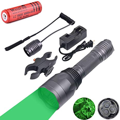 WindFire S10 300 Yards 650 Lumen 3pcs Green LED Hunting Tactical Flashlight Long Range Hog Predator Varmint Green Hunting Gear Kit with Scope Mount, Pressure Switch, Rechargeable Battery and Charger
