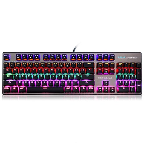 E-3LUE 104 Keys Anti-ghosting Mechanical Keyboard with Blue Switches,USB LED Backlit Water Resistant wired Gaming Keyboard for PC and Laptop Gamers,Black